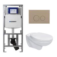 Adema Classico toiletset bestaande uit inbouwreservoir en toiletpot, basic toiletzitting - bedieningsplaat taupe - ronde knoppen - wit SW1152613/SW1102378/0701131 - thumbnail