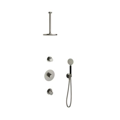 Hotbath Cobber - Inbouw Regendoucheset - Geborsteld Nikkel - 2 Stopkranen - Thermostatisch - Plafondbuis 30 cm - Hoofddouche 200 mm - Ronde Handdouche 3 Standen - Waterbesparend