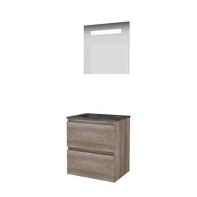 Basic-Line Economic 46 Badkamermeubelset - 60 x 46 cm - Greeploos - 2 Lades - Hardstenen Wastafel - Zonder Kraangat - Spiegel met LED Verlichting - Scotch Oak