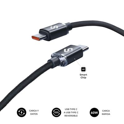 SUBBLIM USB-C naar USB-C kabel, 60 W, 2 m, gevlochten nylon, zwart, PD-snel opladen, overdracht 480 Mbit/s