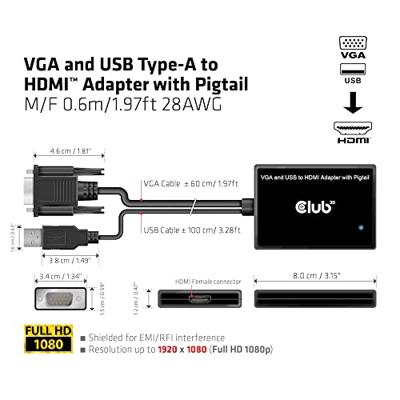 CLUB3D VGA and USB Type-A to HDMI Adapter with Pigtail M/F 0.6m/1.97ft 28AWG