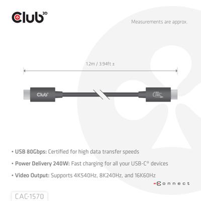 Club3D USB4 Gen 4x2 80Gbps 240W USB Type-C 1.2m USB-IF gecertificeerd Club3D USB4 Gen 4x2 80Gbps 240W USB Type-C 1.2m USB-IF gecertificeerd