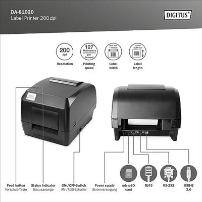Digitus DA-81020 labelprinter Direct thermisch/Thermische overdracht 203 x 203 DPI 127 mm/sec Bedraa