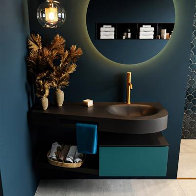 MONDIAZ RIVA 120cm badmeubel onderkast / planchet kleur Smag met 1 lade. Wastafel DULCET rechts 1 kraangat kleur Urban.