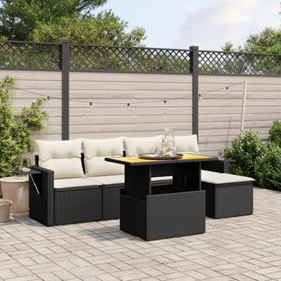 6-delige Loungeset met kussens poly rattan zwart