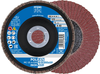 PFERD TOOLS 67756125 PFC 125 A-COOL 60 SG INOX+ALU Lamellenschijf Diameter 125 mm Boordiameter 22.23 mm Korrelgrootte (num) 60 Aluminium, Non-ferrometaal, RVS PFERD TOOLS 67756125 PFC 125 A-COOL 60 SG INOX+ALU Lamellenschijf Diameter 125 mm Boordiameter 22.23 mm Korrelgrootte (num) 60 Aluminium, Non-ferrometaal, RVS