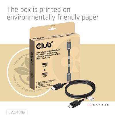 Club 3D displayport 2.1 vesa dp80 gecertificeerde kabel male-male (zwart, 1,6 meter, 8k 240hz, 10k 60hz, 80gbps)
