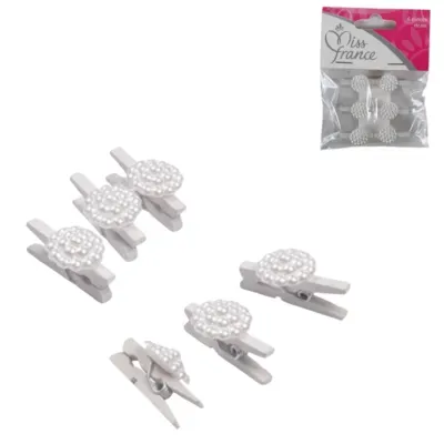 Miss France Decoratie bloem op clip wit 2,5 cm set van 6 | 24 stuks