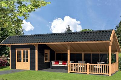 Tuindeco Bergen XL Kapschuur type 8 989x452 cm Lariks/Douglashout blank en Zweeds rabat zwart- Kapschuurdak- Onbehandeld lariks Douglas hout- Tuindeco