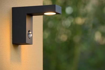 Lucide TEXAS-IR - Wandspot / Wandlamp Binnen/Buiten - LED - 1x7W 3000K - IP54 - Beweging & dag/nacht sensor (uitschakelbaar) - Antraciet