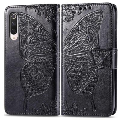 Voor Xiaomi 9 Pro Butterfly Love Flower reliëf horizontale Flip lederen draagtas met beugel Lanyard Card slot portemonnee (zwart)
