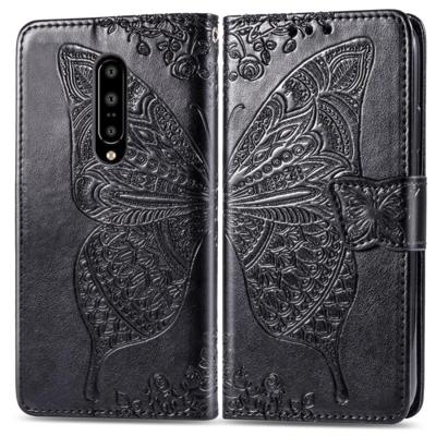 Butterfly Love bloemen reliëf horizontale Flip lederen case voor OnePlus 7 Pro met houder & kaartsleuven & portemonnee & Lanyard (zwart)