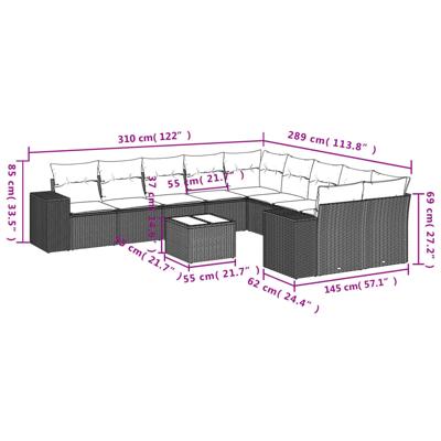 11-delige Loungeset met kussens poly rattan bruin