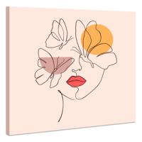 Schilderij - Line art Vrouw met Vlinders, rood/geel/roze, Premium Print - thumbnail