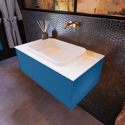 Badkamermeubelset Mondiaz Erin 80 cm met 1 Lade met RIDGE Wastafel Midden Talc Zonder Kraangaten Greeploos Mat Jeans