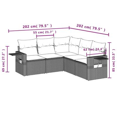 5-delige Loungeset met kussens poly rattan zwart - thumbnail