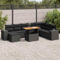 9-delige Loungeset met kussens poly rattan zwart - thumbnail