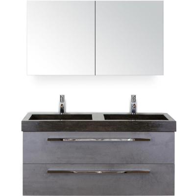 Seville Badmeubelset 120 cm - 2 Laden Beton Antraciet - Wastafel Lucca Dubbel met Spiegelkast