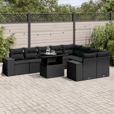 10-delige Loungeset met kussens poly rattan zwart - thumbnail
