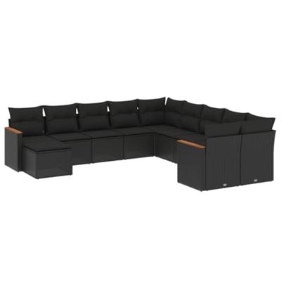 11-delige Loungeset met kussens poly rattan zwart
