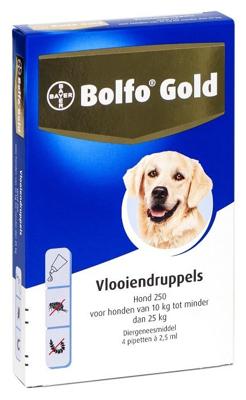 Bolfo Gold 250 Vlooiendruppels voor de hond (10 - 25 kg) 2 x 4 pipetten Bolfo Gold 250 Vlooiendruppels voor de hond (10 - 25 kg) 2 x 4 pipetten