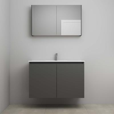 On-Line Badkamermeubelset - 100 cm - Voorgemonteerd - Greeploos 2 Deuren - Porseleinen Wastafel - 1 Kraangat - Spiegelkast - Mat Antraciet
