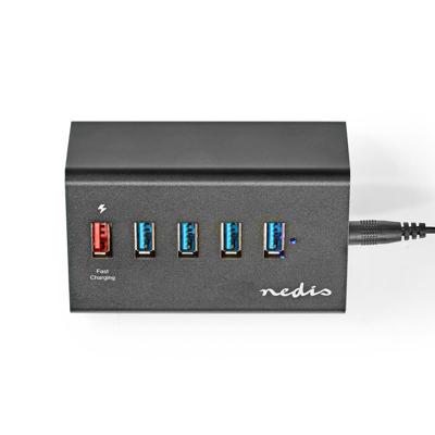 Nedis UHUBUP3510BK Usb-hub 5-poorts Usb 3.0 Met Externe Voeding Qc3.0 Oplaadpoort 5 Gbps Aluminium