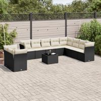 10-delige Loungeset met kussens poly rattan zwart - thumbnail