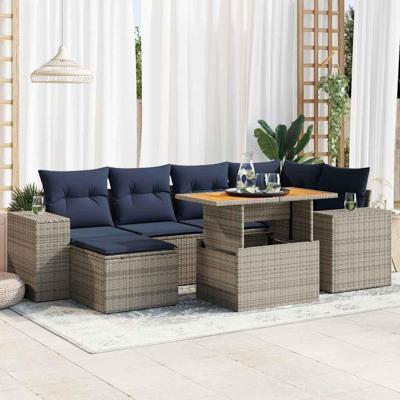 7-delige Loungeset met kussens poly rattan grijs
