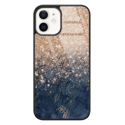 iPhone 12 glazen hardcase - Marmer blauw rosegoud