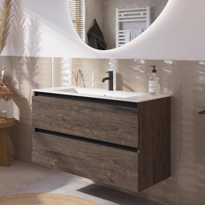 Saqu Gaia badmeubel incl. keramische wastafel 100x46x61cm kasteel bruin - zwarte greeplijst