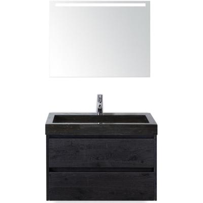 Dante Badmeubelset 80 cm - Black Oak - Wastafel Hardsteen Wit Lucca met Sence Spiegel