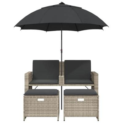 Tuinbank 2-zits parasol en voetenbanken poly rattan lichtgrijs Tuinbank 2-zits parasol en voetenbanken poly rattan lichtgrijs