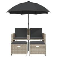 Tuinbank 2-zits parasol en voetenbanken poly rattan lichtgrijs - thumbnail