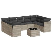 10-delige Loungeset met kussens poly rattan lichtgrijs - thumbnail
