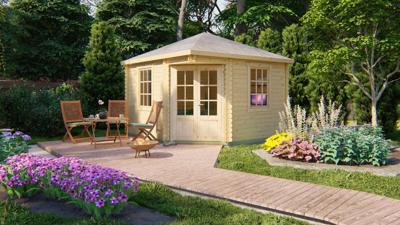 Blokhut Dagmar 350x350 cm- Puntdak- Onbehandeld vurenhout- Tuindeco