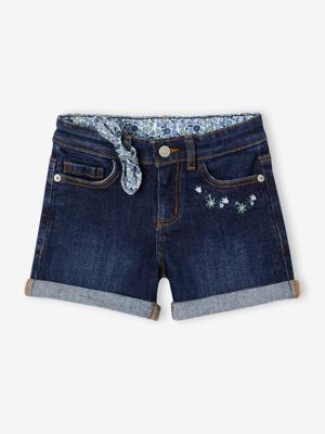 Geborduurde denim meisjesshort met bloemenstrik ongewassen denim Geborduurde denim meisjesshort met bloemenstrik ongewassen denim