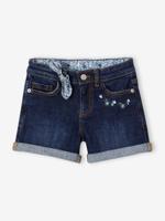 Geborduurde denim meisjesshort met bloemenstrik ongewassen denim - thumbnail