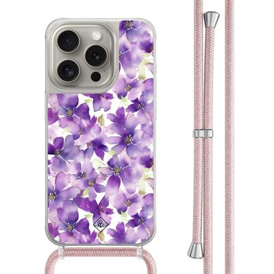 iPhone 15 Pro hoesje met rosegoud koord - Floral violet iPhone 15 Pro hoesje met rosegoud koord - Floral violet