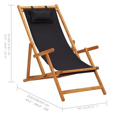 Strandstoel inklapbaar massief eucalyptushout en stof zwart - thumbnail