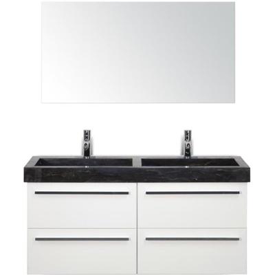 Seville Badmeubelset 120 cm - 4 Laden Wit Hoogglans - Wastafel Hardsteen Wit Lucca met Spiegel