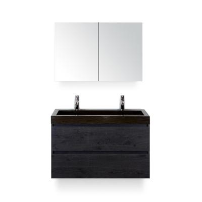 Maxx XL Badmeubelset 100 cm - Black Oak - Wastafel Lucca 2 kraangaten - met Spiegelkast