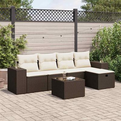 6-delige Loungeset met kussens poly rattan bruin