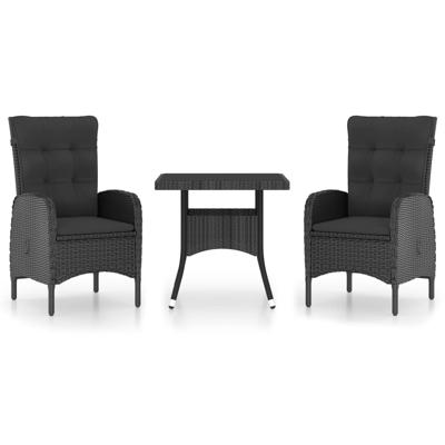 3-delige Tuinset poly rattan en glas zwart