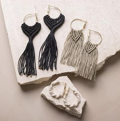 Creativ Company Mini hobbyset macramé, oorbellen, zwart, olijfbruin, zandkleur, 1 doos - thumbnail