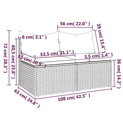 Tuinmiddenbank met kussens 2 st poly rattan grijs - thumbnail