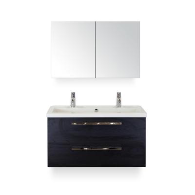 Seville Badmeubelset 100 cm - Black Oak - Wastafel Djazz 2 kraangaten - met Spiegelkast