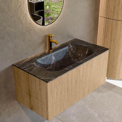 Mondiaz KURVE-DLUX 90 cm Onderkast Greeploos 1 Lade Zonder Deuren Oak, Wastafel Solid Surface Midden Lava 1 Kraangat Zonder Spiegel (KRVBGS901L0D1KM-Oak/Lav)