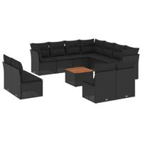 12-delige Loungeset met kussens poly rattan zwart - thumbnail