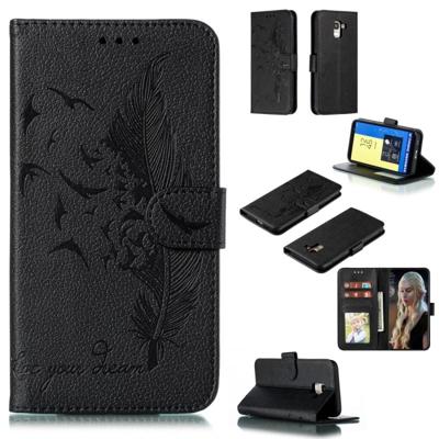 Feather patroon Litchi textuur horizontale Flip lederen draagtas met portemonnee & houder & kaartsleuven voor Galaxy J6 (2018) (zwart)
